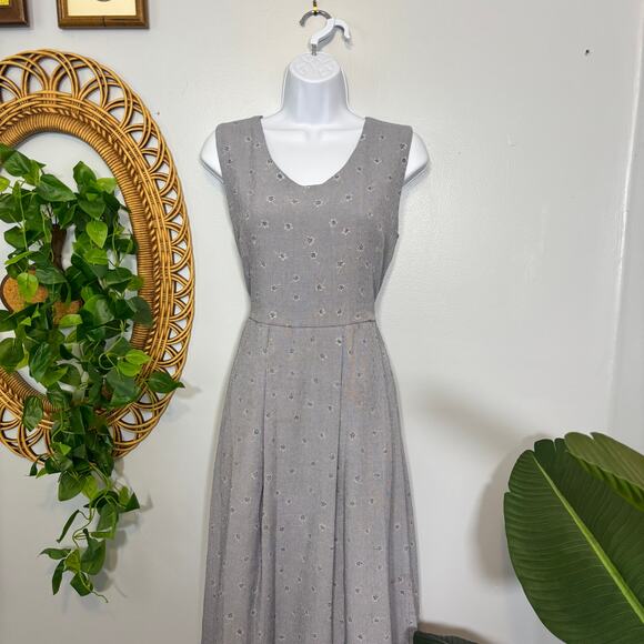 Vtg 90s Gray Blue Pleated Maxi Dress Micro Check Floral Embroidery Sleeveless - Picture 13 of 13